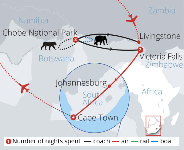 Botswana Zambezi and Cape Town Route Map