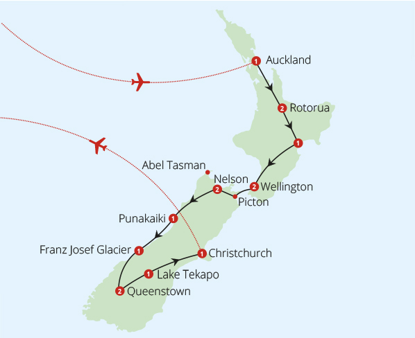 New Zealand 17 Day Fly Drive Route Map