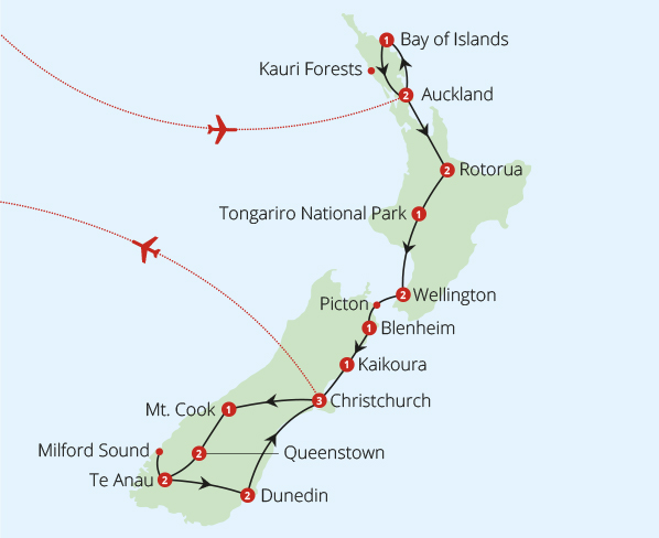 New Zealand 24 Day Fly Drive Route Map